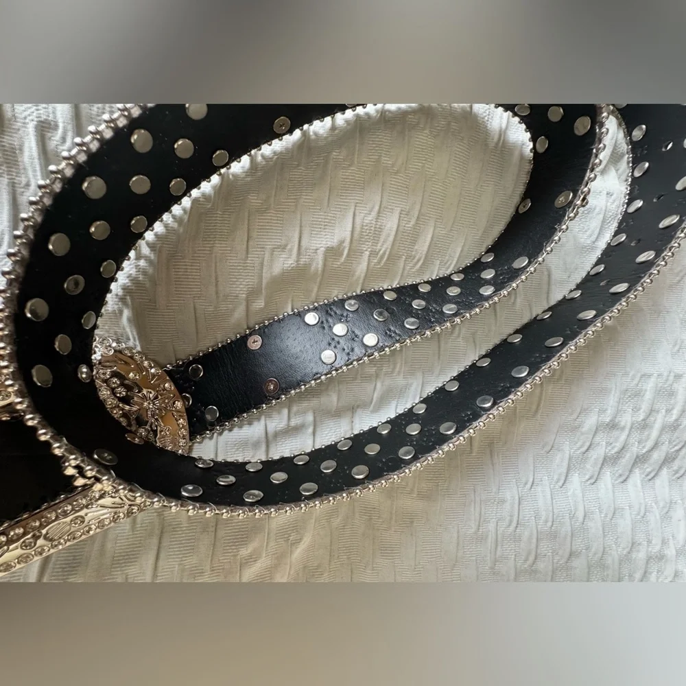 Black Sparkling Rhinestone  Belt Leather